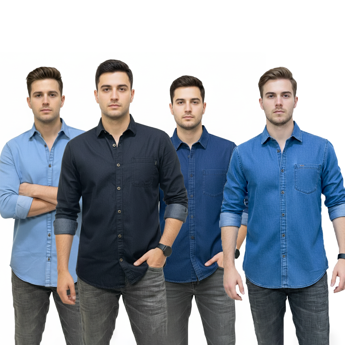 4 Pcs Denim Full Sleeve Single Poket- Sky+Black+Navy+Light Sky