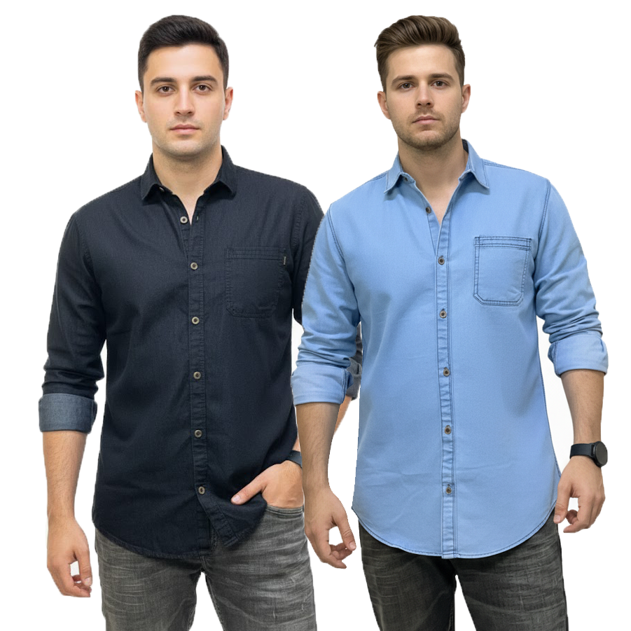 2 Pcs Denim Full Sleeve Single Poket-Black+ Light Sky