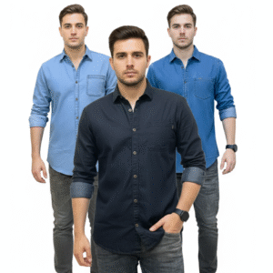 3 Pcs Denim Full Sleeve Single Poket- Sky+black+Light Sky
