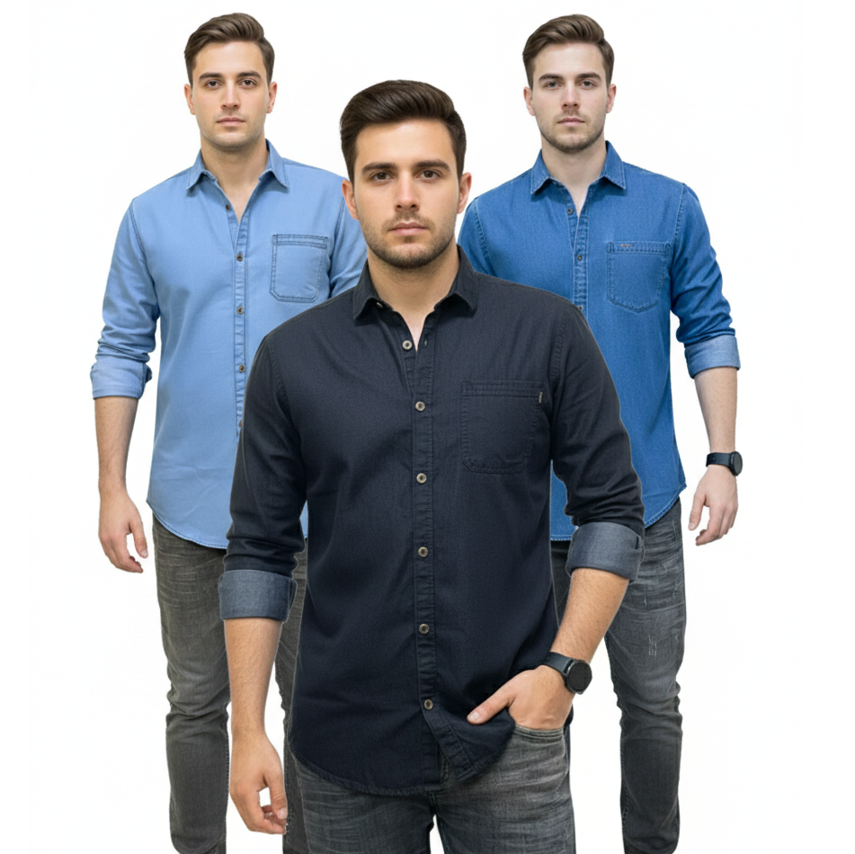 3 Pcs Denim Full Sleeve Single Poket- Sky+black+Light Sky