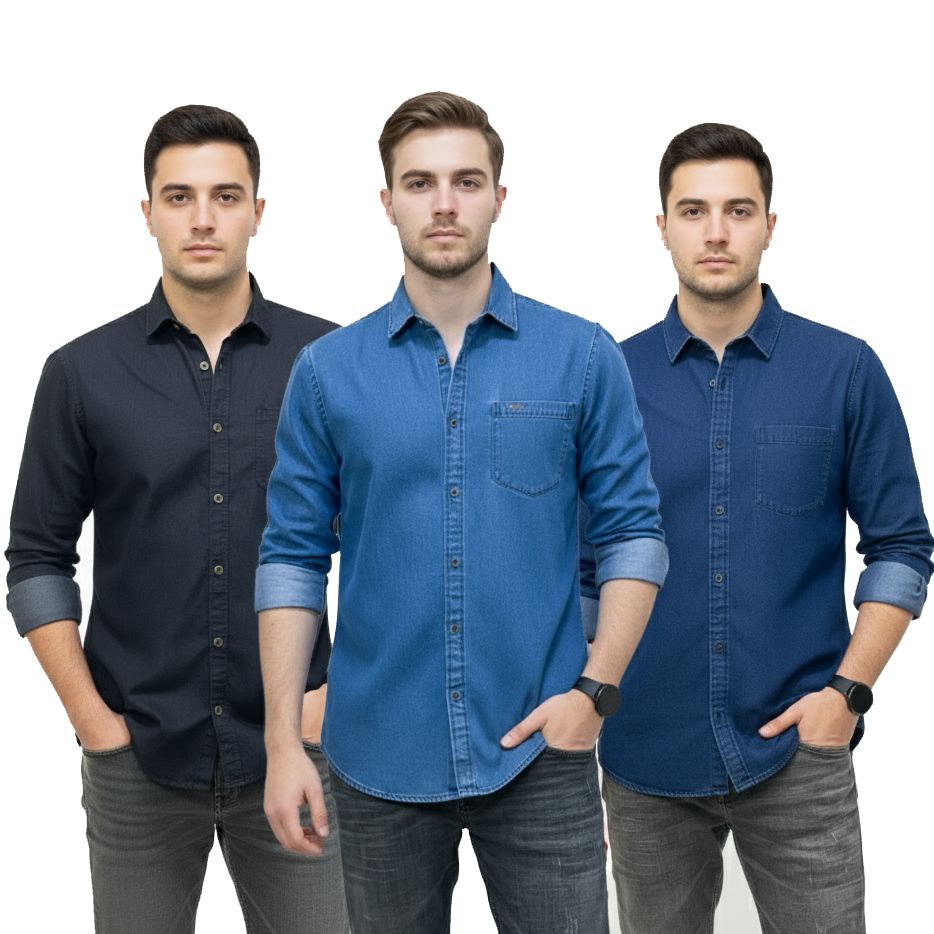 3 Pcs Denim Full Sleeve Single Poket- Black+Navy+Sky