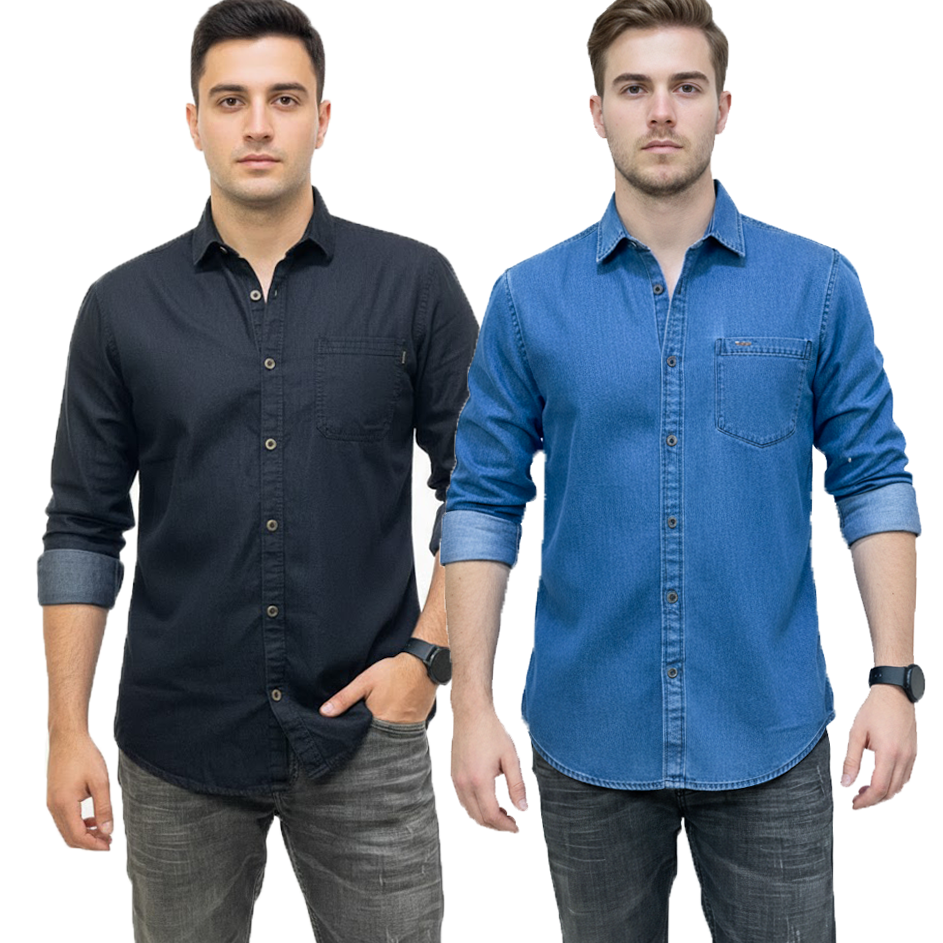 2 Pcs Denim Full Sleeve Single Poket-Black+ Sky
