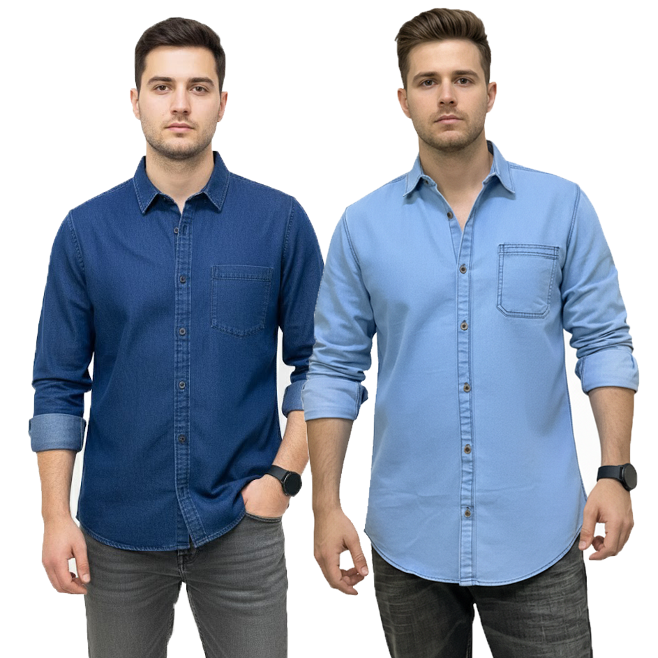 2 Pcs Denim Full Sleeve Single Poket-Navy+ Light Sky