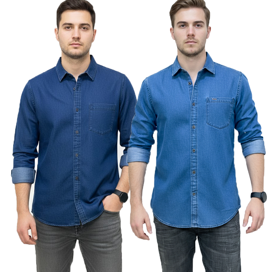 2 Pcs Denim Full Sleeve Single Poket-Navy+Sky