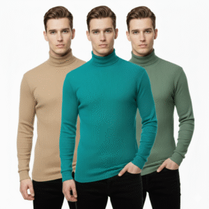 3 Psc Ribbed High Neck T Shirt -Brown+OlivePetrol