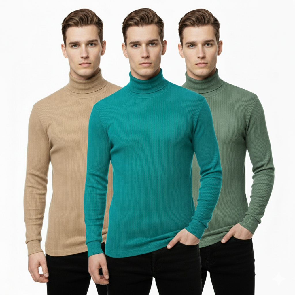 3 Psc Ribbed High Neck T Shirt -Brown+OlivePetrol