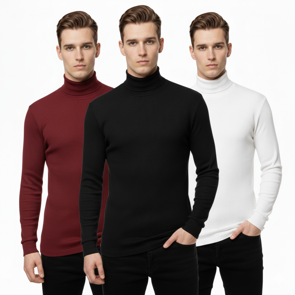 3 Psc Ribbed High Neck T Shirt -Black+Maroon+white