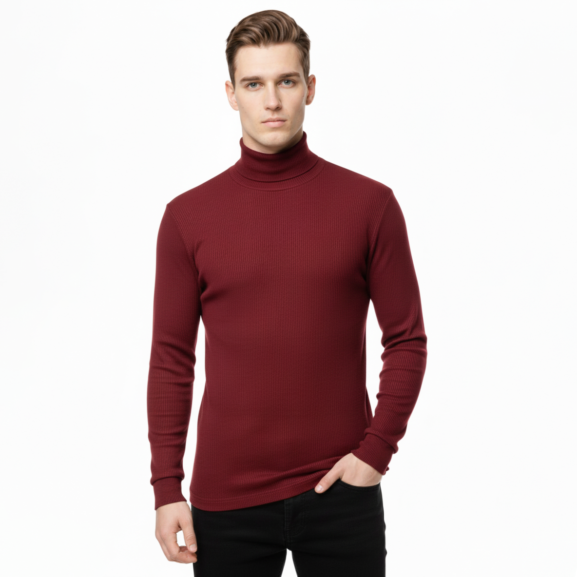 Classic Ribbed High Neck for Men-Maroon
