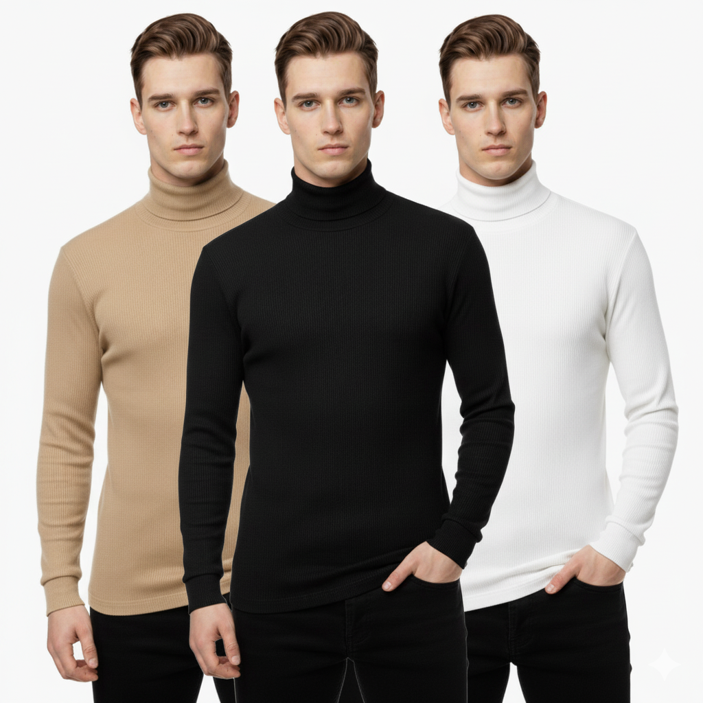 3 Psc Ribbed High Neck T Shirt -Brown+Black+White