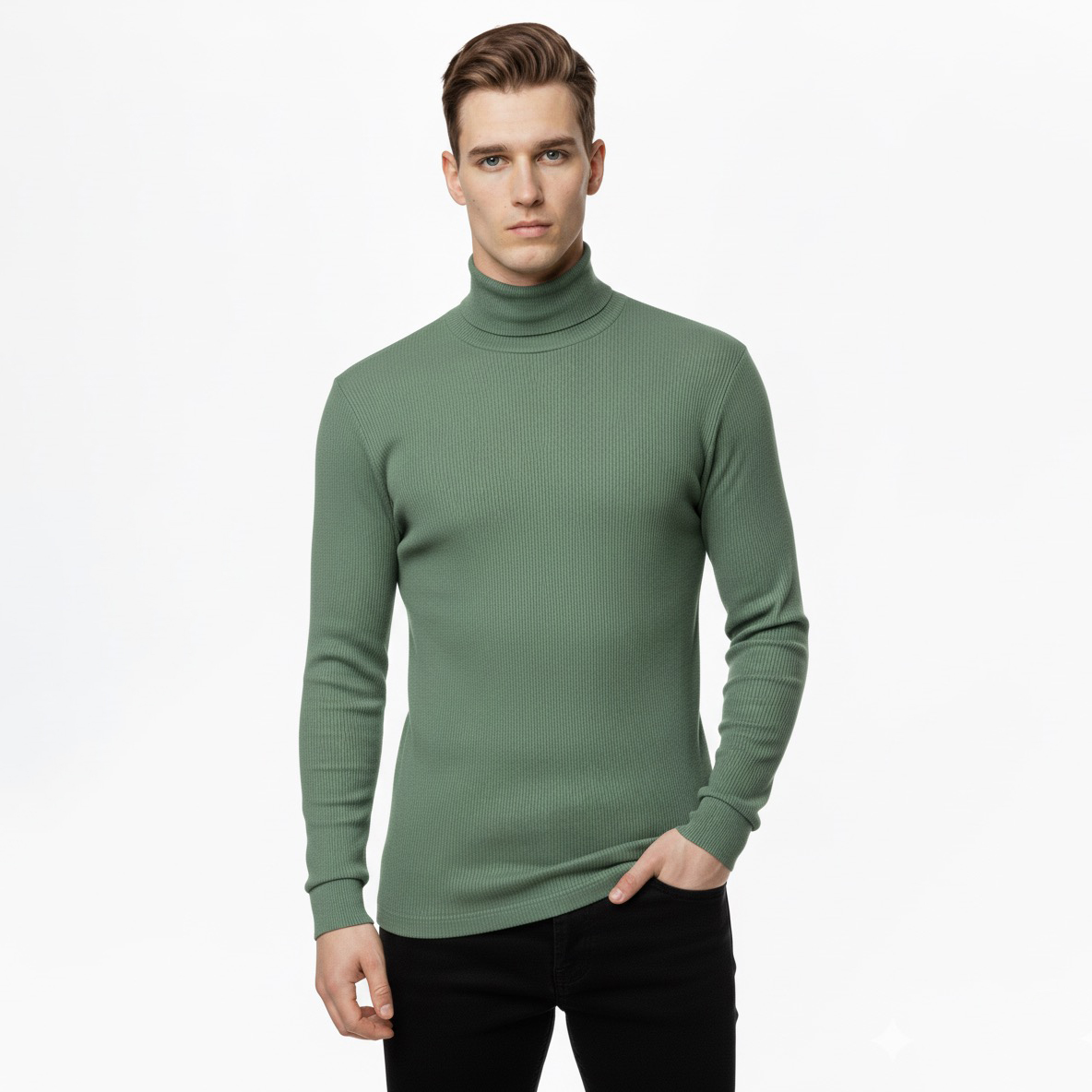 Classic Ribbed High Neck for Men-Olive