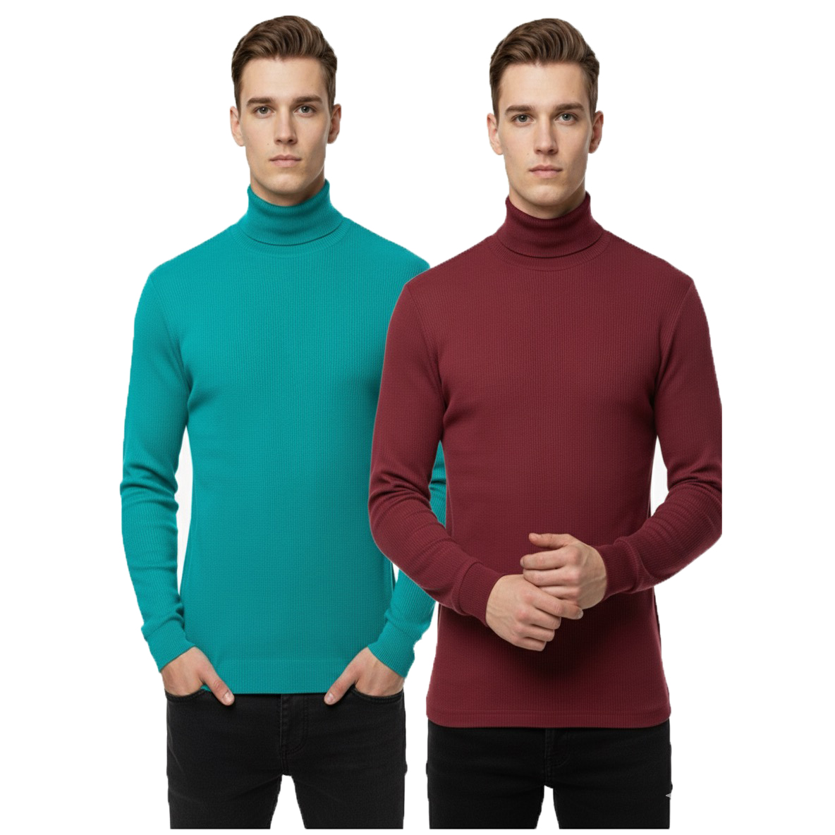 2 Psc Ribbed High Neck T Shirt -Petrol light+Maroon