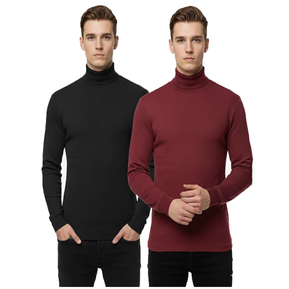 2 Psc Ribbed High Neck T Shirt -Black+Maroon