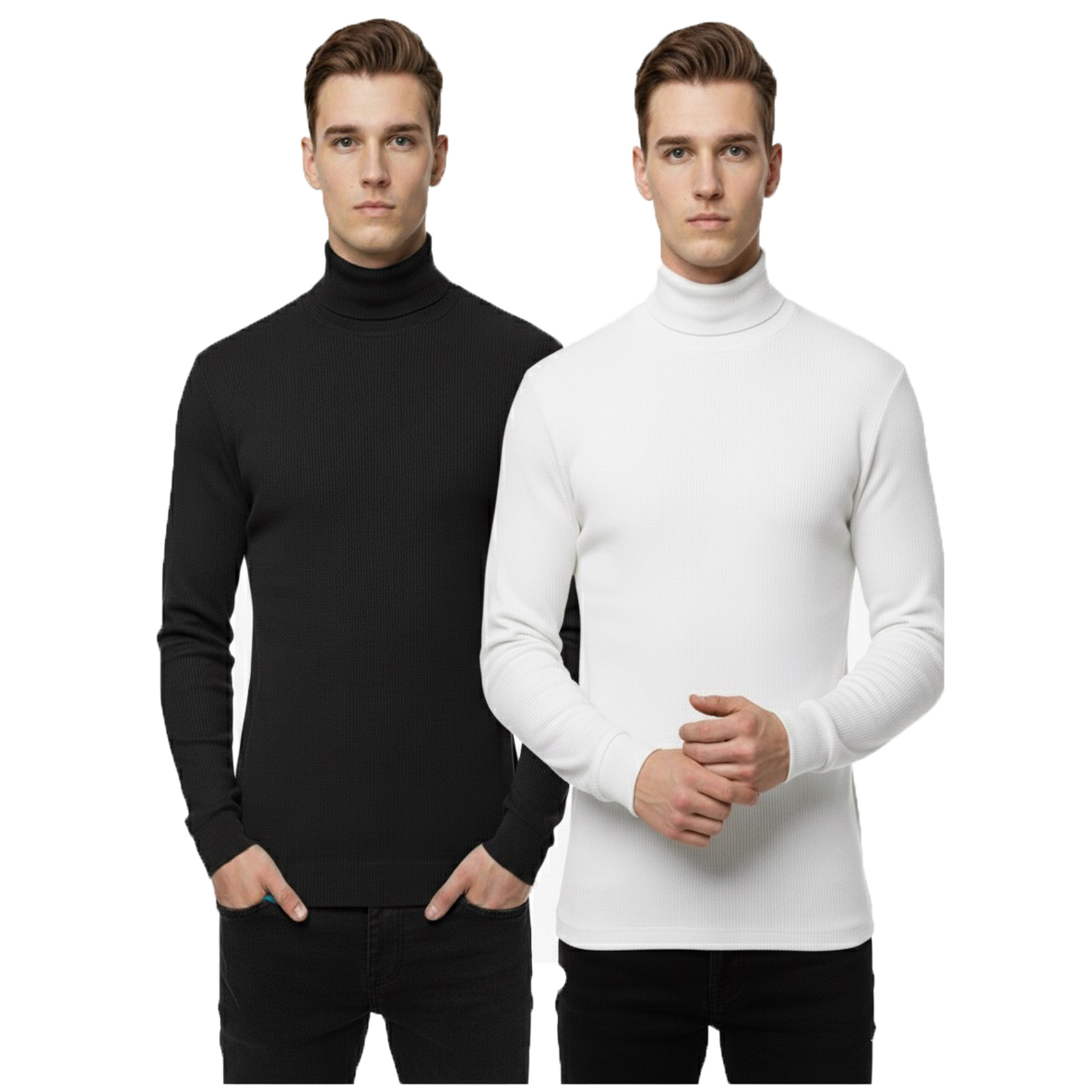 2 Psc Ribbed High Neck T Shirt -Black+White
