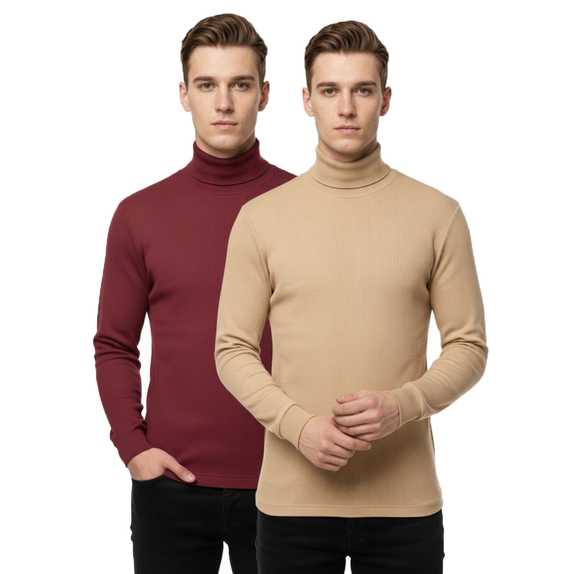 2 Psc Ribbed High Neck T Shirt -Brown+Maroon