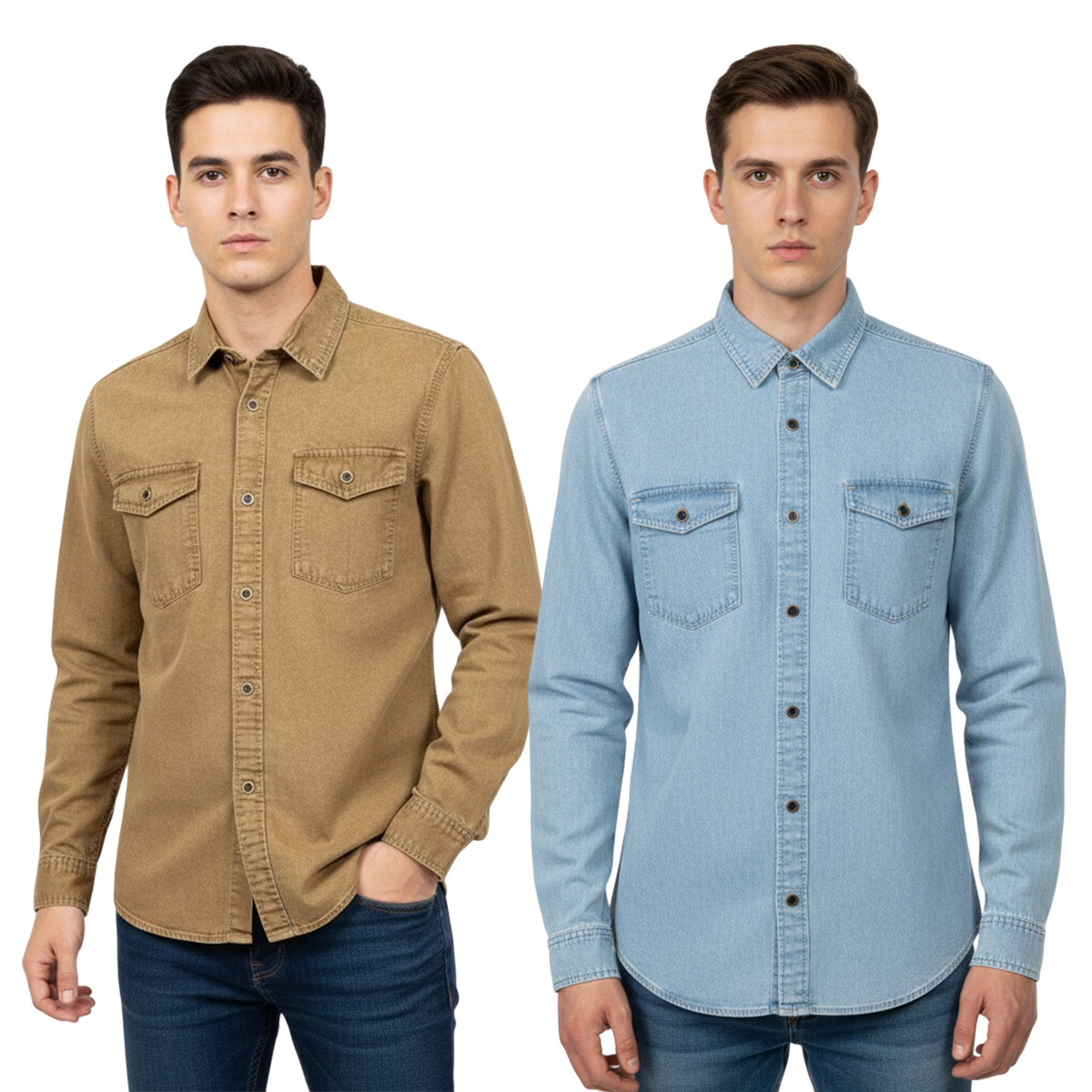 2 Pcs Denim Full Sleeve Double Poket- Brown +Sky (Copy)