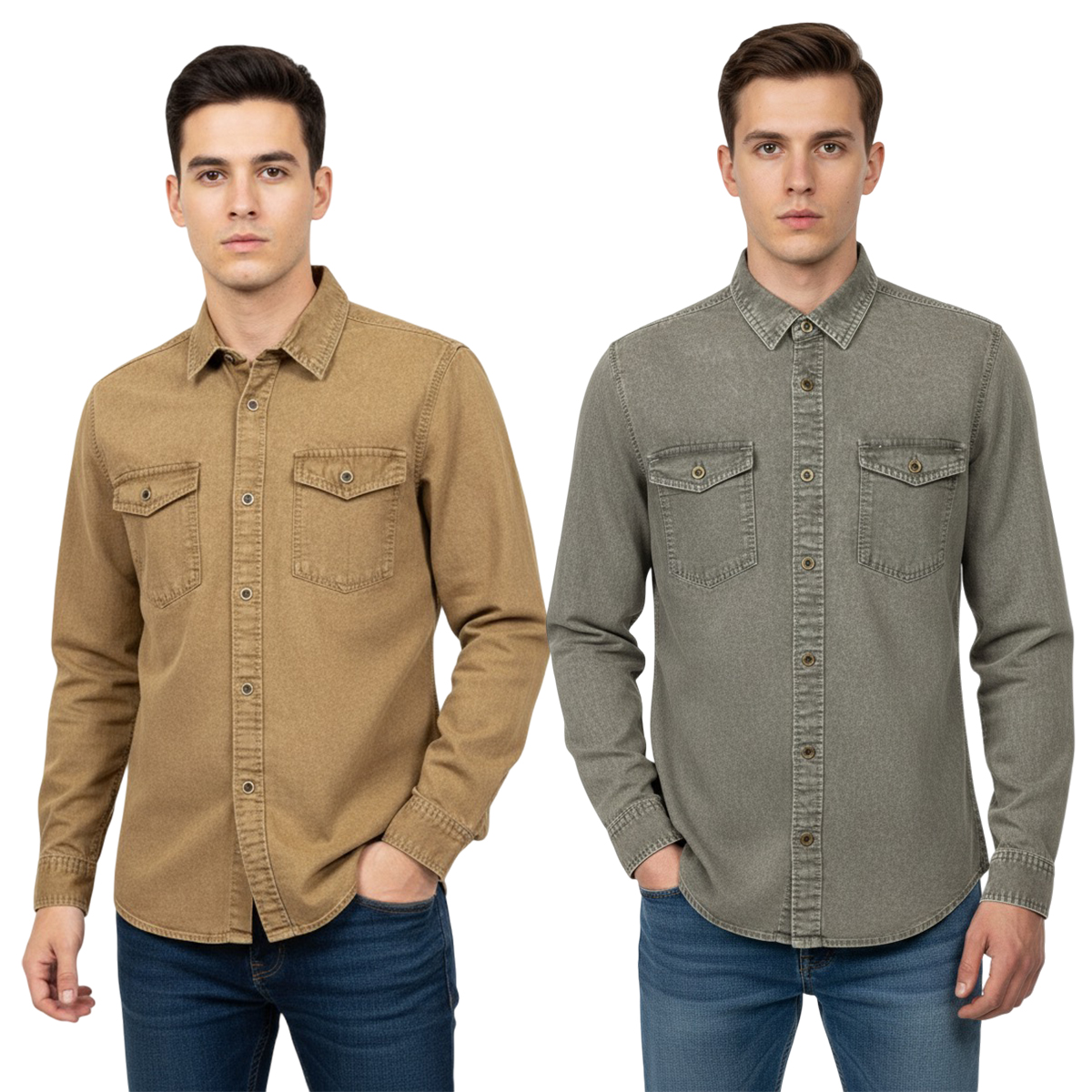 2 Pcs Denim Full Sleeve Double Poket- Brown +Ash (Copy)