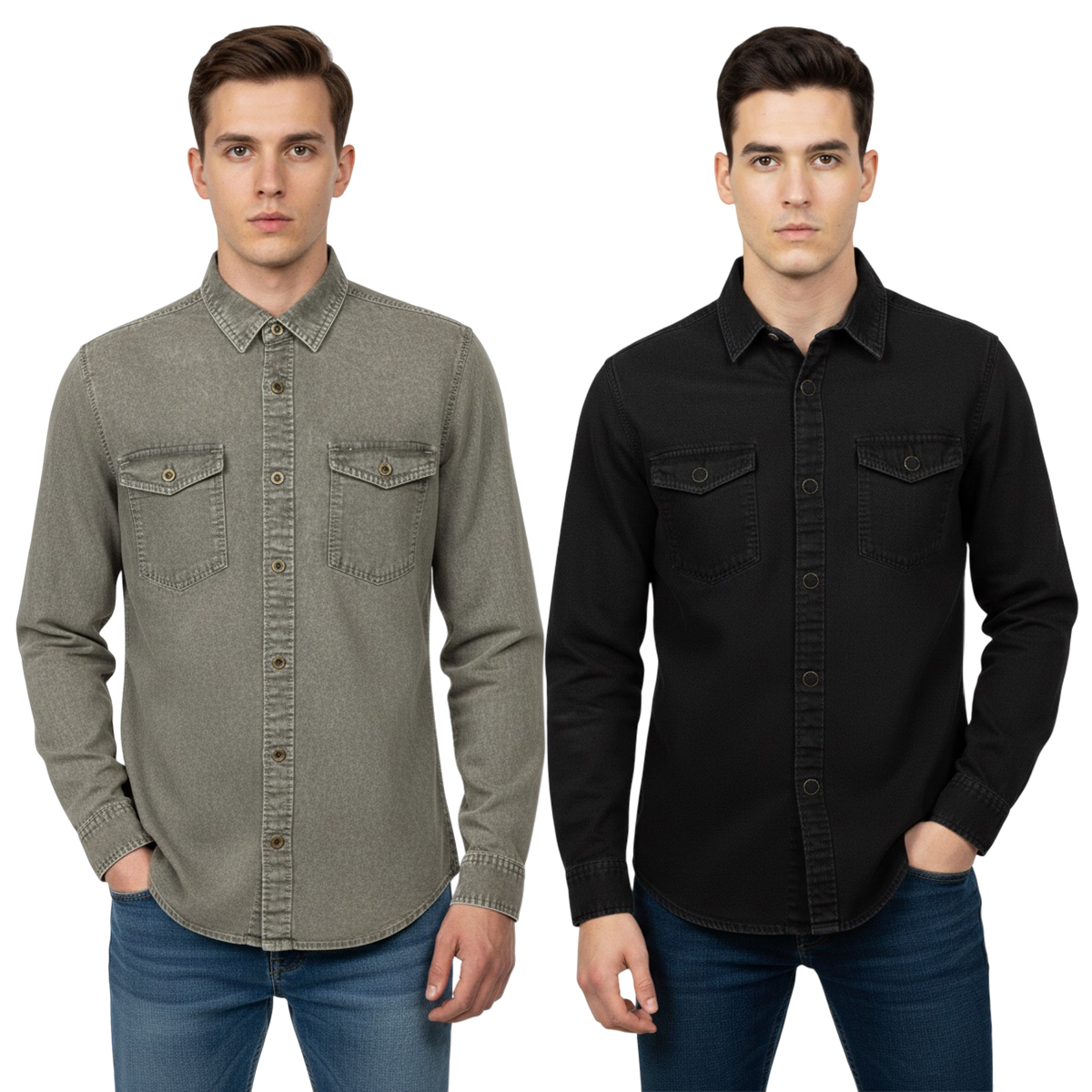 2 Pcs Denim Full Sleeve Double Poket- Ash +Black (Copy)