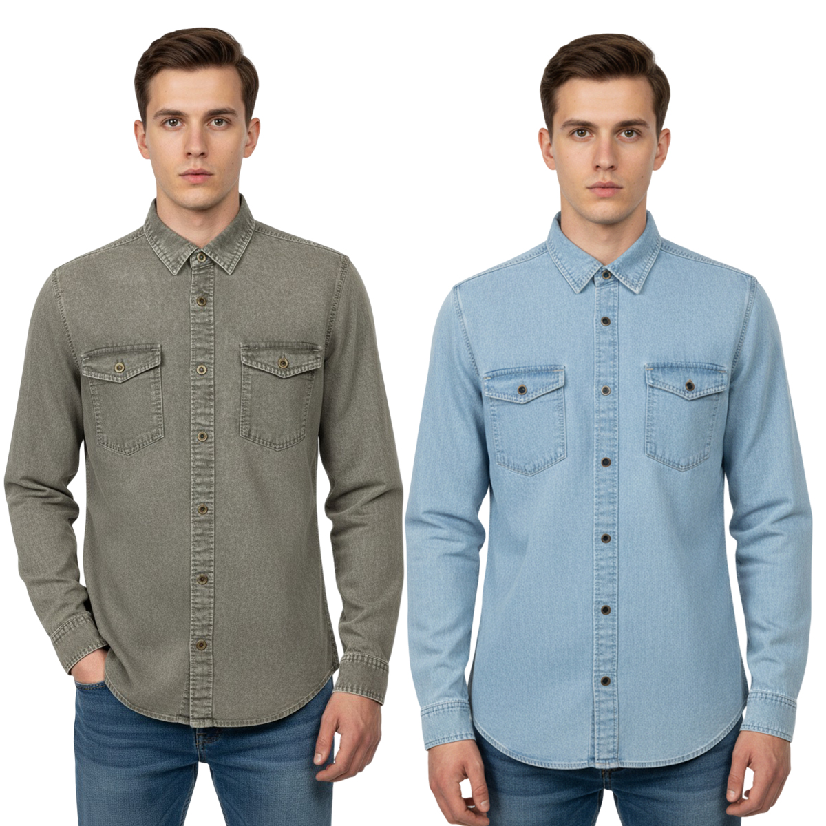 2 Pcs Denim Full Sleeve Double Poket- Sky +Ash (Copy)