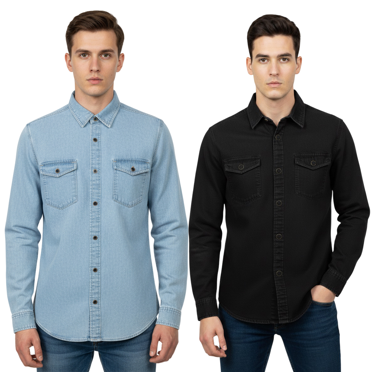 2 Pcs Denim Full Sleeve Double Poket- Sky +Black (Copy)