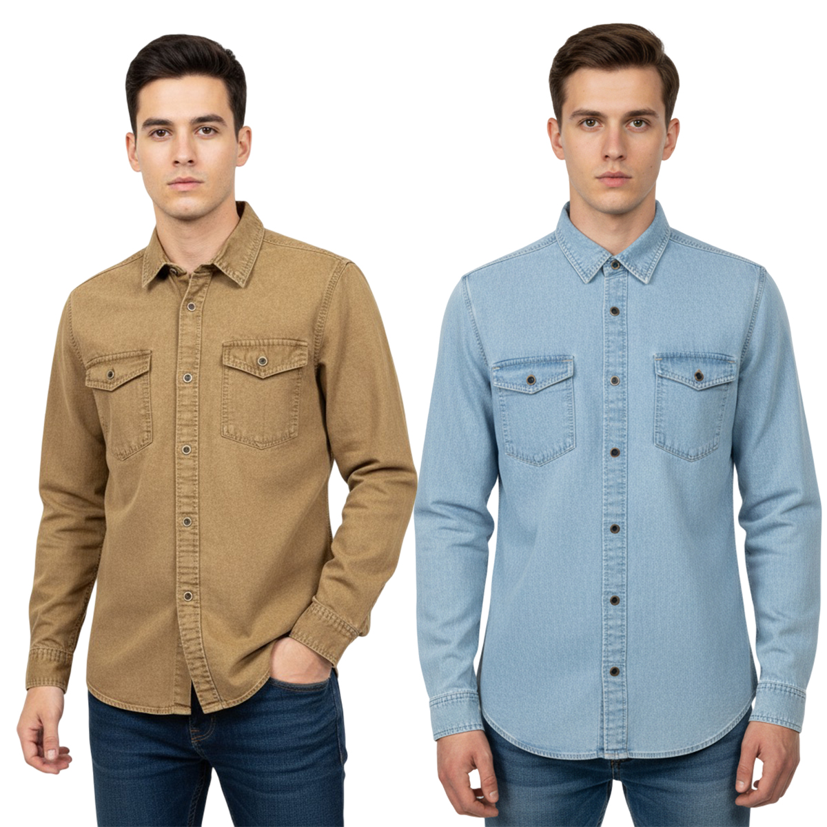 2 Pcs Denim Full Sleeve Double Poket- Sky +Brown (Copy)