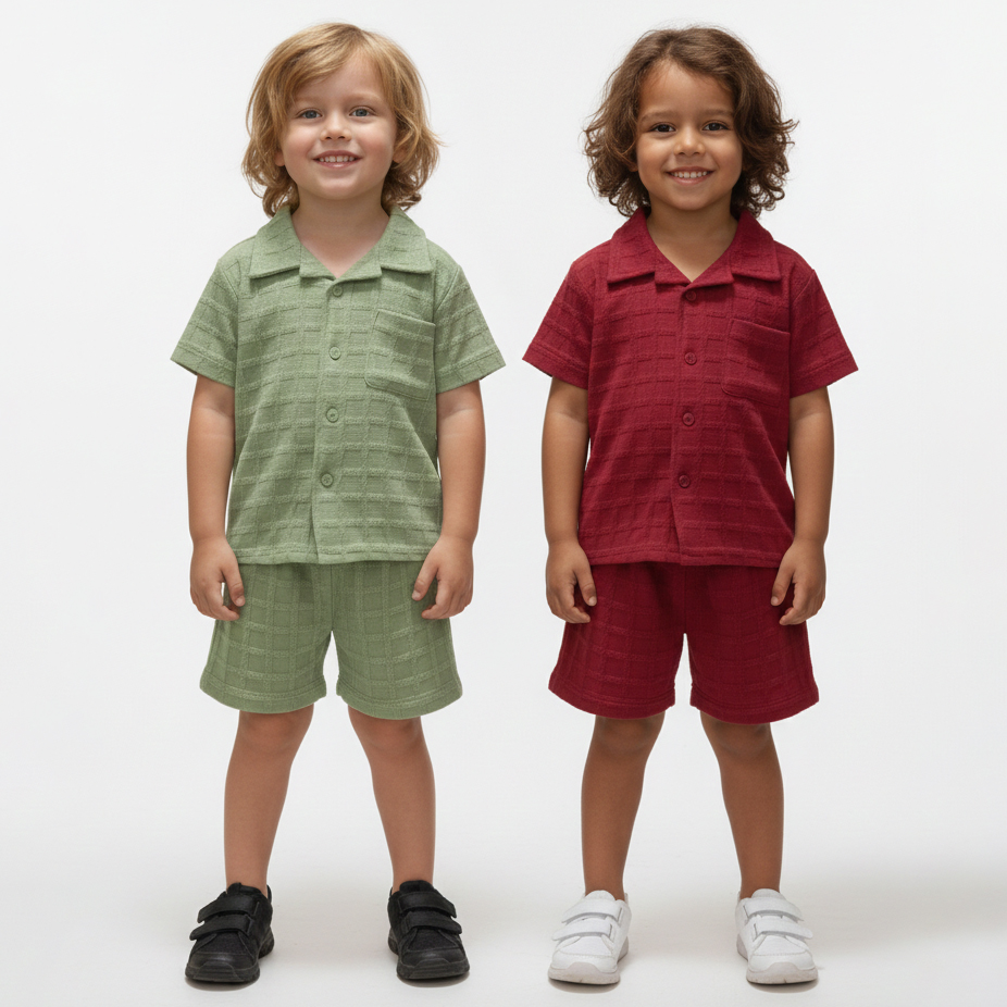 Boys Premium China Shirt Set Olive+Red